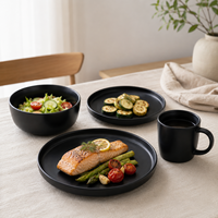 Service de table en céramique noire mate de luxe, 4 pièces, assiettes, bols, tasses, passe au lave-vaisselle et au four, vaisselle de cuisine