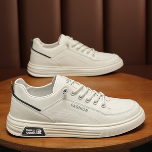 Men's Summer Casual All-Match White <b>Sneakers</b> Breathable Low-Top <b>Leather</b> Shoes Lace-Up Closure Solid Trendy Design Soft Mesh - Product Image 1