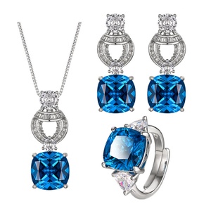 Fashion Elegant Eco-friendly Copper Gold Plated 12*12mm Blue Zircon Pendant <b>Earrings</b> Jewelry <b>Set</b> for Women High Quality - Product Image 1