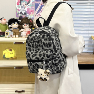 Fashionable and Versatile <b>Leopard</b> Print Plush <b>Backpack</b> Large Capacity New 2025 Lightweight Casual Bag Middle School Student Bag - Product Image 2