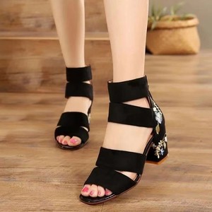 Factory Wholesale Summer Embroidered Open Toe Women's Thick High Heel <b>Sandals</b> Heeled <b>Sandals</b> for Women - Product Image 4