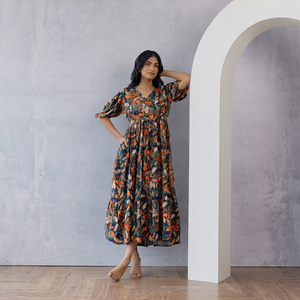 Vestido Midi de Gasa con Estampado Floral, Cuello en V, Manga con Volantes, Corte en A, Holgado, Estilo Boho, Vestido Casual de Verano para Mujer, Hermoso Vestido para Mujer - Product Image 1