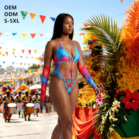 Maillot de bain une pièce pour femme, style carnaval, tie-dye, à lacets et découpes, avec manches, tailles 3XL 4XL 5XL, tenue de défilé pour costume des Caraïbes personnalisé