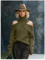 Pull en maille à col roulé pour femme, coupe croisée, épaules dénudées, boutonné, manches longues, couleur unie, automne-hiver