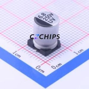 ตัวเก็บประจุแบบอิเล็กโทรไลต์อะลูมิเนียม SMD รุ่น UV2E6R8M0810, ขนาด D8xL10.2 มม. ความจุ 6.8uF ค่าความคลาดเคลื่อน 20% แรงดัน 250V ขา 8 มม. - Product Image 1