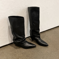 Bottes en cuir de vachette pleine fleur à bout pointu, confortables, à talon bas de 3,5 cm, pour mollets larges, à enfiler, de très haute qualité pour femmes