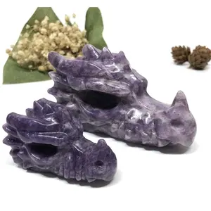 Cabeça de dragão de quartzo lepidolite roxa para decoração de meditação, artesanato popular de cristal esculpido por atacado