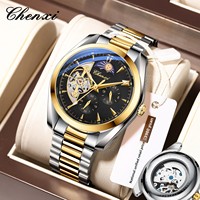 Montre automatique squelette phase de lune haut de gamme avec bracelet en acier inoxydable, montre-bracelet mécanique de luxe pour homme, mode et affaires