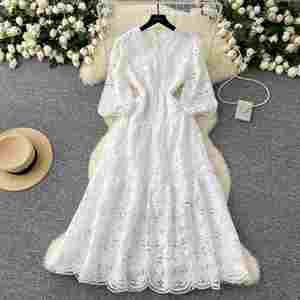 Vestido Midi Informal Tipo Túnica Vintage Tejido Ecológico para Invierno 2024, para Mujer, de Poliéster/Algodón Transpirable, con Mangas Farol - Product Image 1