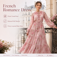 Robe longue florale pour femme, vente en gros, rose, manches longues, col à volants, taille nouée, à volants, pour invitée de mariage