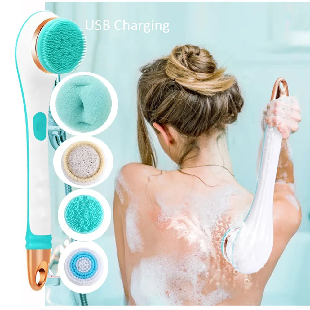 5 1 çok fonksiyonlu uzun saplı elektrikli banyo geri vücut temizleme duş fırçası titreşimli masaj banyo fırçası temizleme vücut