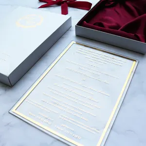 Luxury Transparent Acrylic Wedding Invitation Card Box With Burgundy Silk Tissue Decoration Inside