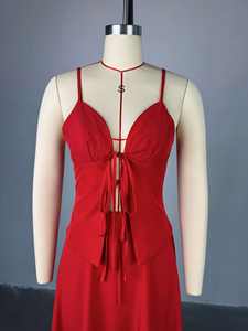 ضرب حزام السباغيتي الأحمر جعل الأشرطة أزياء جريئة أنيقة الخصر الصيف عارية الظهر فساتين طويلة عارضة - Product Image 4