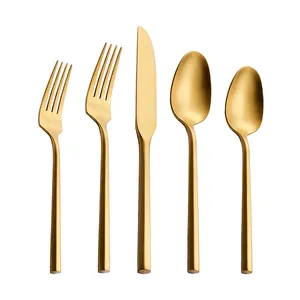 Matte Gold Plated Flatware With Hexagon Handle Forged Banquet Stainless Steel Cutlery Set For Wedding