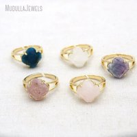 RM62324 Bagues bohèmes en pierres précieuses naturelles, trèfle à quatre feuilles, pierre sculptée en cristal, bijoux de créateur pour femmes