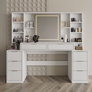 Modern Solid Oak Wood Makeup Vanity <b>Desk</b> with Mirror Lights 59" <b>Large</b> Table 8 Drawers Open Storage Shelves Adjustable Brightness - Product Image 2