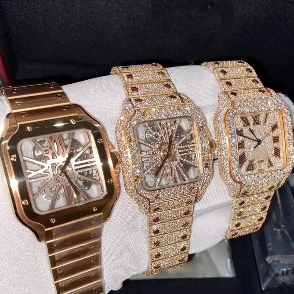 Square Case Men Luxury Iced Out Watches Golden Color Diamond VVS Moissanite Automatic Mechanical Watch