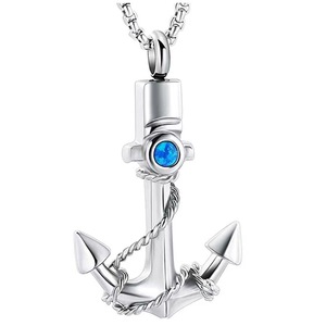 Kalung Liontin Jangkar Unisex dari Baja Anti Karat dengan Batu Kelahiran Biru, Perhiasan Kremasi, Kenang-kenangan Abu Jenazah - Product Image 2