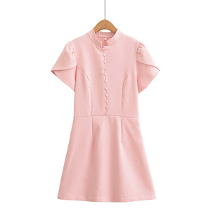 Minivestido rosa de cuello redondo y manga corta, ajustado tipo lápiz, transpirable, casual, de verano, tejido, color liso, con botones frontales y cintura imperio. - Product Image 6