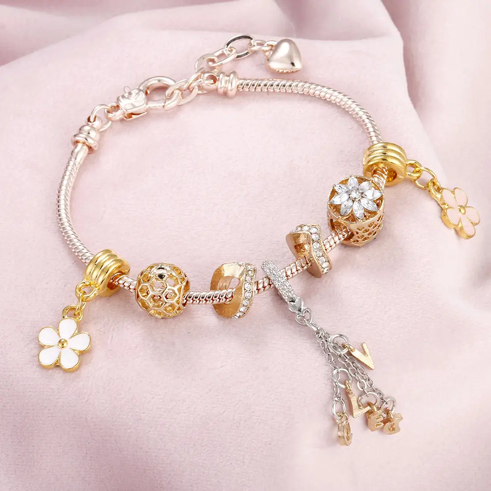 Hot Rose Gold Love Lock Charm Bracelets & Bangles Pink Heart Murano Crystal Beads Fit Pan Bracelets DIY Jewelry for Women Girls