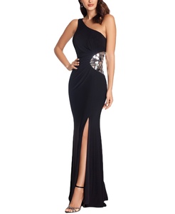 Abito da Sera Sexy Metro per Donne, Elegante <span class=keywords><strong>Vestito</strong></span> <span class=keywords><strong>Monospalla</strong></span> <span class=keywords><strong>con</strong></span> Dettaglio a Specchio Spezzato, Senza Maniche, <span class=keywords><strong>con</strong></span> Cerniera e <span class=keywords><strong>Spacco</strong></span> <span class=keywords><strong>Lungo</strong></span> - Product Image 3