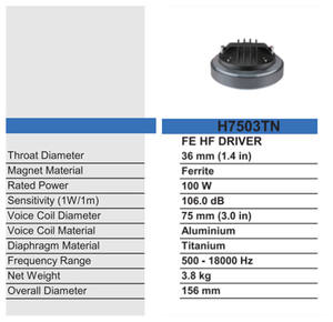 H7503TN 8 Ohm 75mm 3 pulgadas 100W Titanio Ferrita Etapa al aire libre HF Cuerno Tweeter Altavoz - Product Image 4