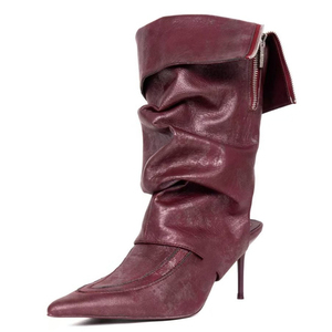 Women Pointed Toe Pleated Mid Calf Booties Back Cut Half Knee High Boots Wide Fit Top Turn Over Big Size 46 High Heels <b>Shoes</b> - Product Image 3