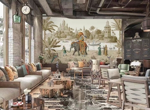 Murale da Parete Art Déco con Paesaggio Indiano, <span class=keywords><strong>Elefante</strong></span>, Pavone e Castello, Scenografia Tropicale con Palme, Carta da Parati per Soggiorno e Hotel, <span class=keywords><strong>Sfondo</strong></span> Personalizzato - Product Image 3