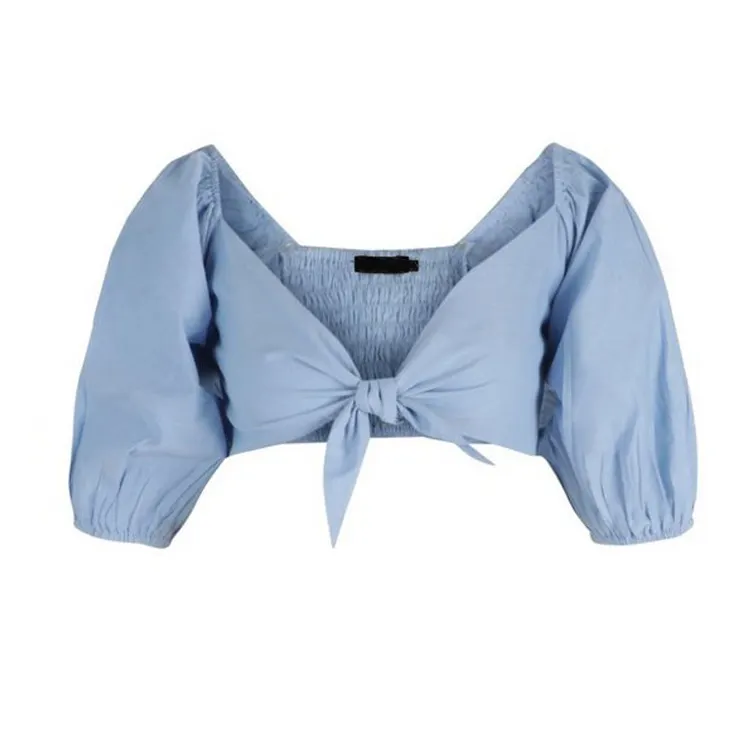 OEM Clothing New Arrival 2022 Front Tie Sexy Blouse Top Casual Cute Custom Blue Summer Blouse Women Crop Top