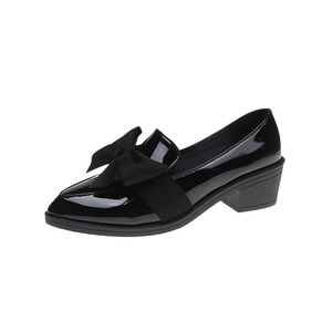 Thick Heel Plus Size Pointed Toe Bows British Style Small Leather Shoes for Women Spring Slip-on Single Mid Heel - Product Image 5