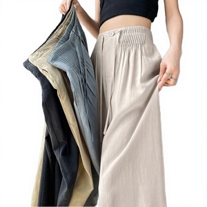 Pantalon en coton taille haute pour femme, coupe ample, plissé, longueur intégrale, couleur unie, décontracté, respirant, taille élastique, idéal pour l'été - Product Image 4