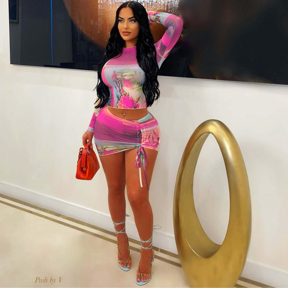 Party Sexy Mesh Print Tie Dye Skirts Set Women New Arrivals Full Sleeve Printed Crop Tops Shirt With Drawstring Mini Skirts Set