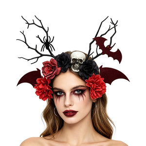 Diadema de Halloween con cuernos, calavera, rosa, murciélago, araña, rama floral gótica, bandas para el cabello rojas y negras para cosplay y fiestas de disfraces - Product Image 4
