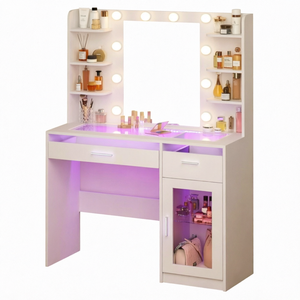 White Contemporary <b>Makeup</b> <b>Vanity</b> Desk Mirror LED <b>Lights</b> RGB Cabinet Drawers- Shelves <b>for</b> Bedroom - Product Image 1