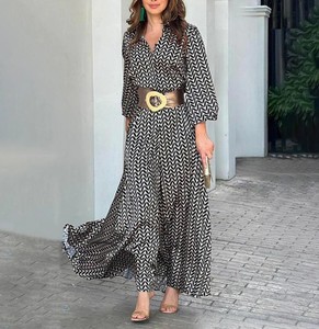 Cinturino da donna <span class=keywords><strong>con</strong></span> stampa geometrica di lunghezza media e lunga <span class=keywords><strong>con</strong></span> abito temperamento a <span class=keywords><strong>maniche</strong></span> a <span class=keywords><strong>tre</strong></span> <span class=keywords><strong>quarti</strong></span> - Product Image 1