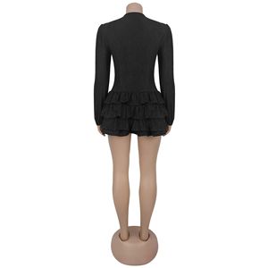 STOCK Dos colores con cuello en V Ojales Correas Vestido de <span class=keywords><strong>mujer</strong></span> Volantes Manga larga Mini vestido Tallas grandes Ropa Con parte inferior - Product Image 3