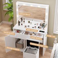 Coiffeuse moderne en bois massif avec miroir, 11 lumières LED, prise de courant, meuble de rangement pour maquillage, tiroirs et chaise, blanc, pour chambre à coucher