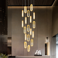Lustre linéaire LED moderne à hauteur réglable pour escalier, suspension ovale en cristal doré pour villa à plafond haut