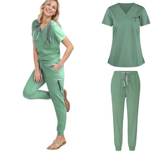 Women's Scrub Set Short Sleeve V <b>Neck</b> High Waist Knitted Medical Uniforms For Work Split Set With Label - Product Image 5