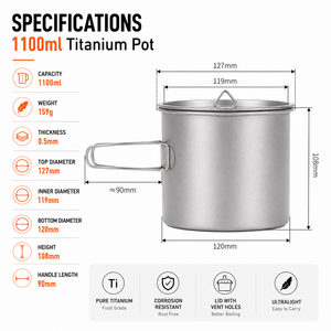 Pot en titane pur léger personnalisé de 1100 ml avec kit d'ustensiles à poignée pliable, équipement de randonnée et de camping en plein air pour 1 à 2 personnes - Product Image 5