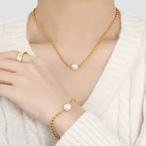 Women'S Accessories Fashion Jewelry Stainless Steel Gold Plated Beaded Freshwater Pearl Necklace Bracelet Set
