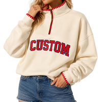Sweat-shirt femme à quart de zip avec patch lettre personnalisé, pull à épaules tombantes, vêtement d'extérieur automne-hiver, fabricant pour commandes en gros