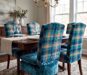 Tela de tapicería estampada a cuadros en azul verdoso, naranja y blanco por yarda, textil colorido con patrón a cuadros para muebles, sofá y silla - Product Image 4