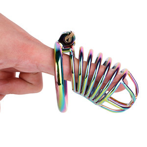 Jaula de Castidad Masculina de Acero Inoxidable Iridiscente Colorida con 3 Anillos Intercambiables, Dispositivo de Bloqueo de Pene BDSM para Hombres Adultos - Product Image 5