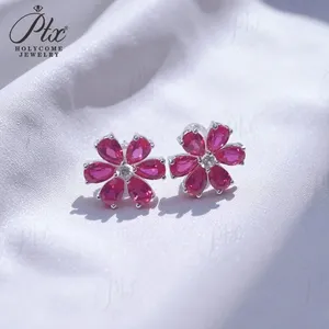 Pendientes de pera de seis pétalos 4,3-6.3CT rubí zafiro <span class=keywords><strong>Colombia</strong></span> Padparadscha S925 pendiente hipoalergénico para mujeres niñas regalo romántico - Product Image 3
