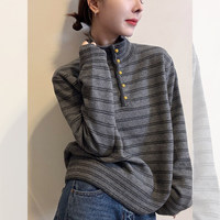 Pull décontracté pour femme en cachemire rayé, col roulé, demi-boutonné, personnalisé, style mode hiver