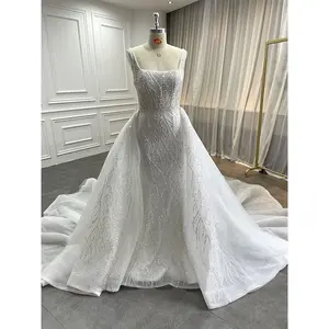 Factory Bridal Glitter Sequins Luxury Gown Vestido De Novia Heavily Beaded Lace Mermaid Wedding Dresses with Detachable Train