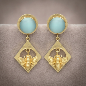 Matte Gold Honeybee Gemstone Drop Earrings Light Blue Stone Stud Hollow Diamond Frame 3D <b>Bee</b> Dangle Ethnic Party Brass 18K - Product Image 3