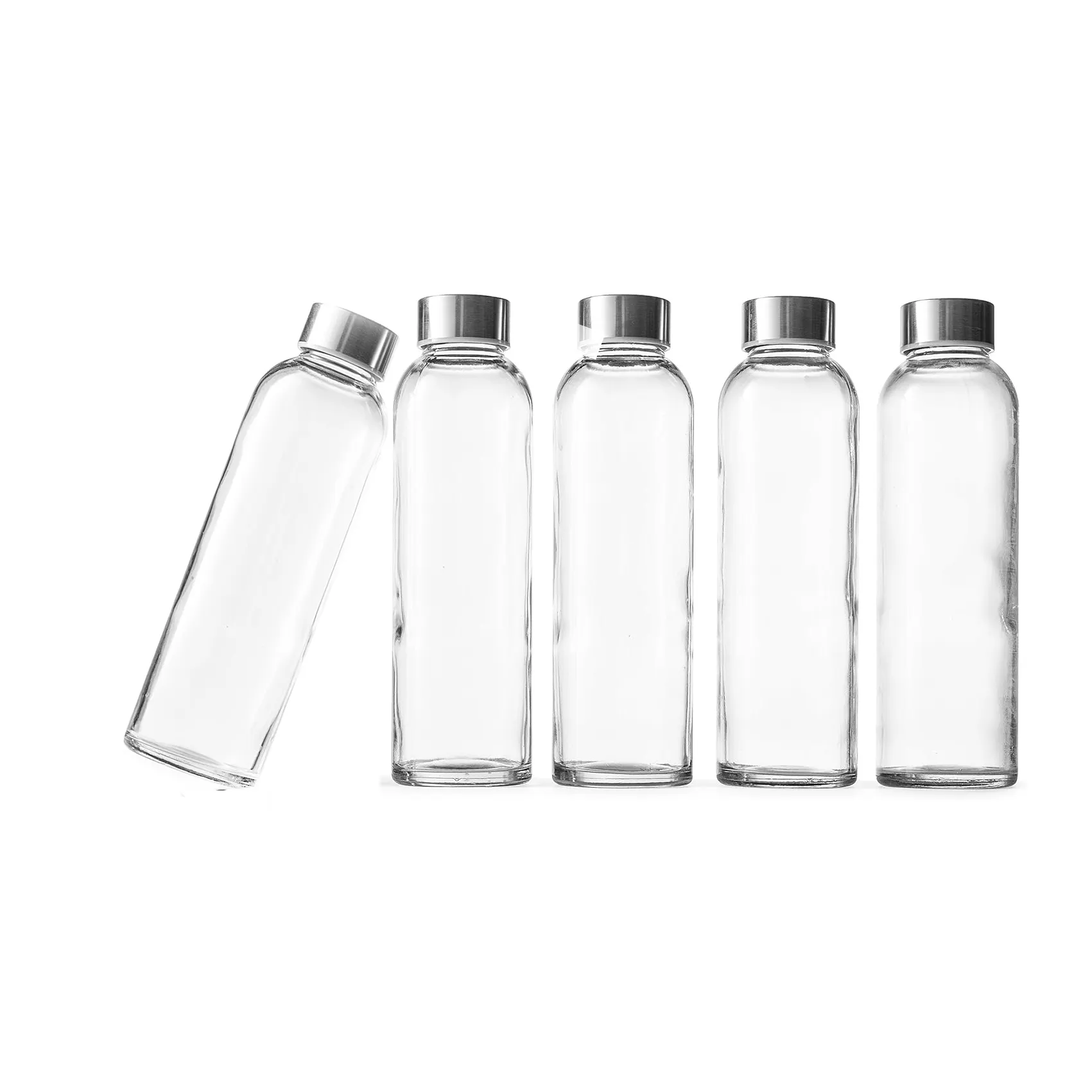 JM 18 oz Clear Glass Bottles with Lids , Natural BPA Free Eco Friendly, Reusable Refillable Water Bottles for Juicing Wide Mouth