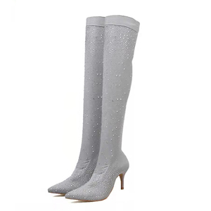 รองเท้าบูทถุงเท้ายาวระดับเข่าแฟชั่นผู้หญิงปี 2024 ส้นสูง 7 ซม. ประดับคริสตัล สไตล์สตริปเปอร์ สำหรับฤดูหนาว - Product Image 2